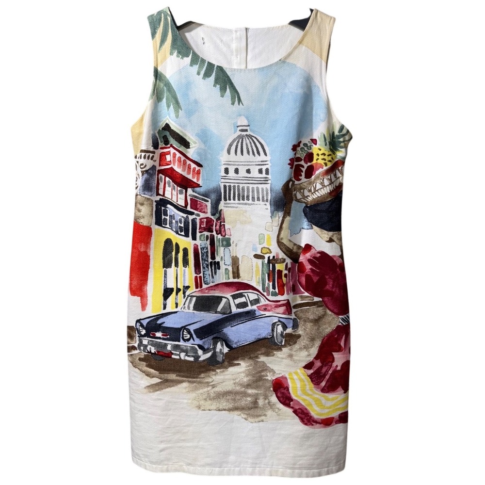 Havana Cuba Scenic Print Sleeveless Shift Dress Multi Color Classic Car Resort - Picture 4 of 10
